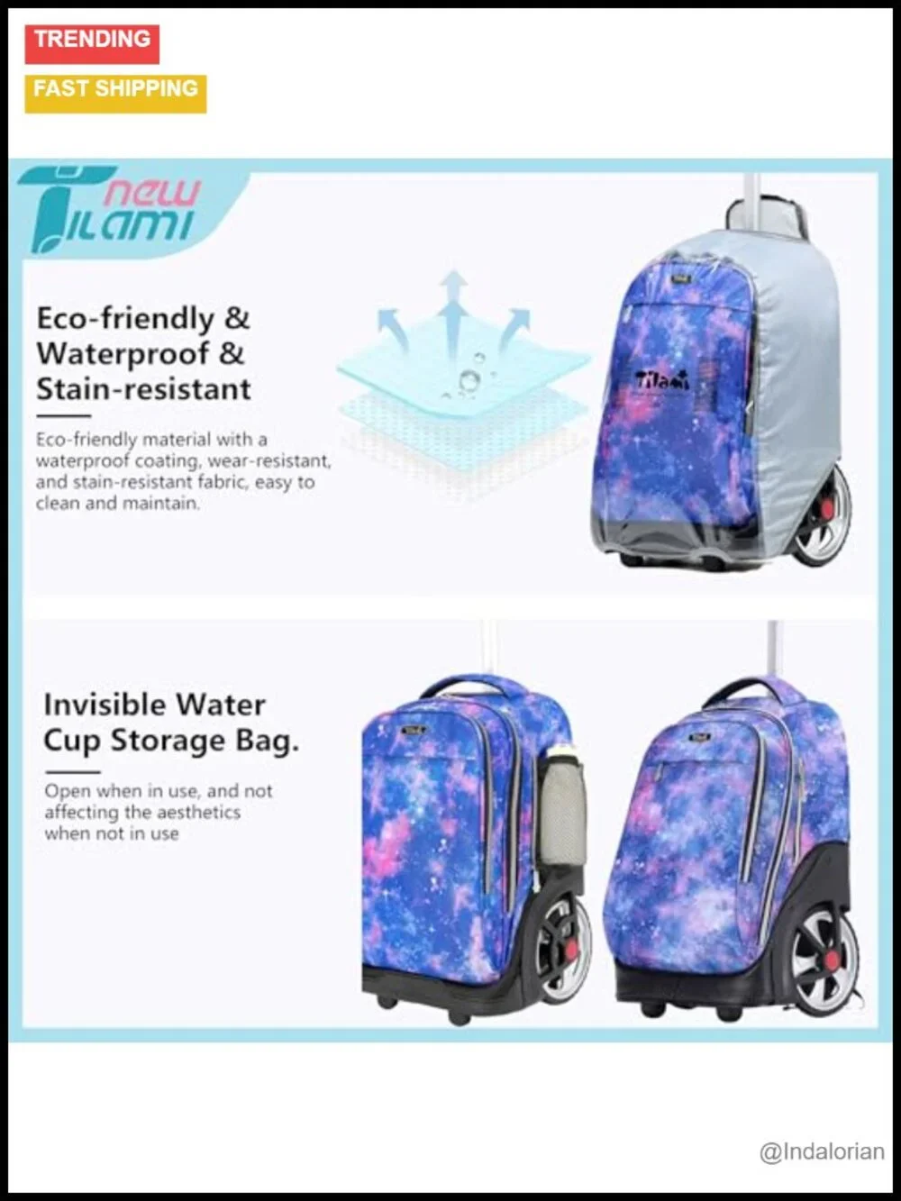 19 inch Rolling Backpack with Wheels Laptop Bookbag for Teens Travel